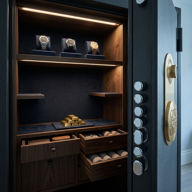 Luxury high-security vault in a private study with warm gold interior lighting