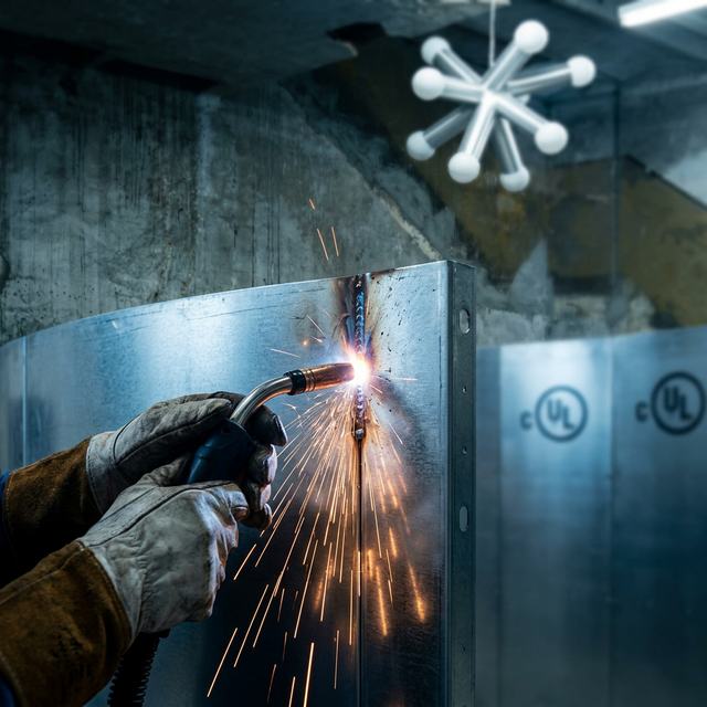 Professional team constructing a modular vault — welding reinforced panels on a commercial job site