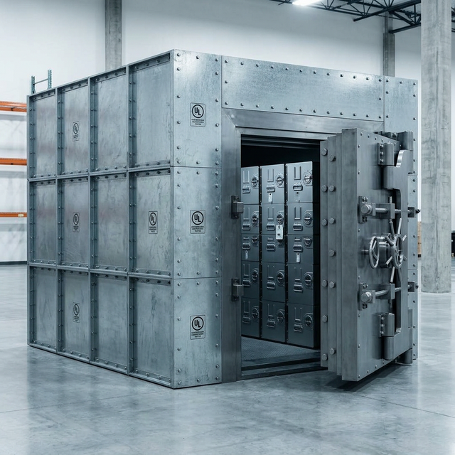 Completed modular vault structure with UL-rated panels and vault door